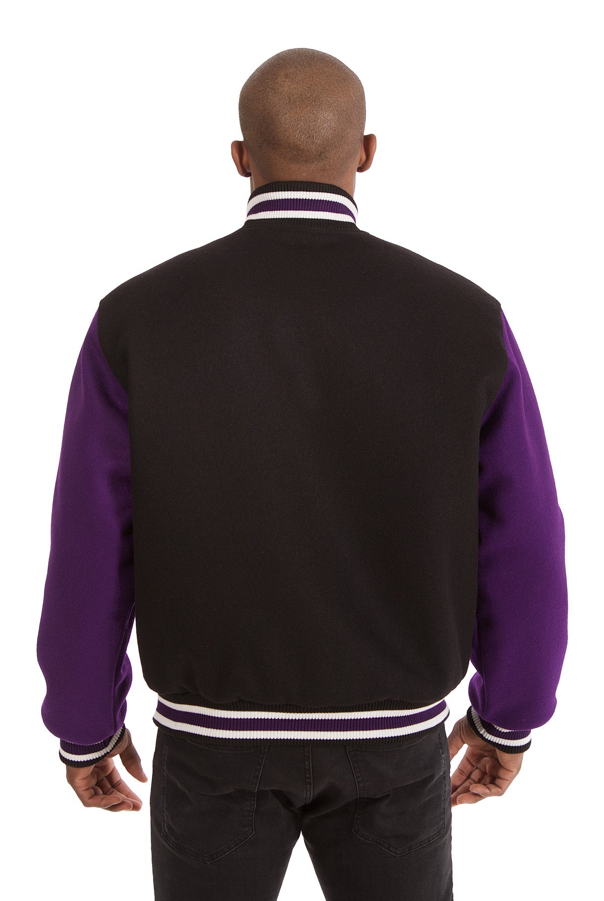 All-Wool Varsity Jacket in Black and Purple