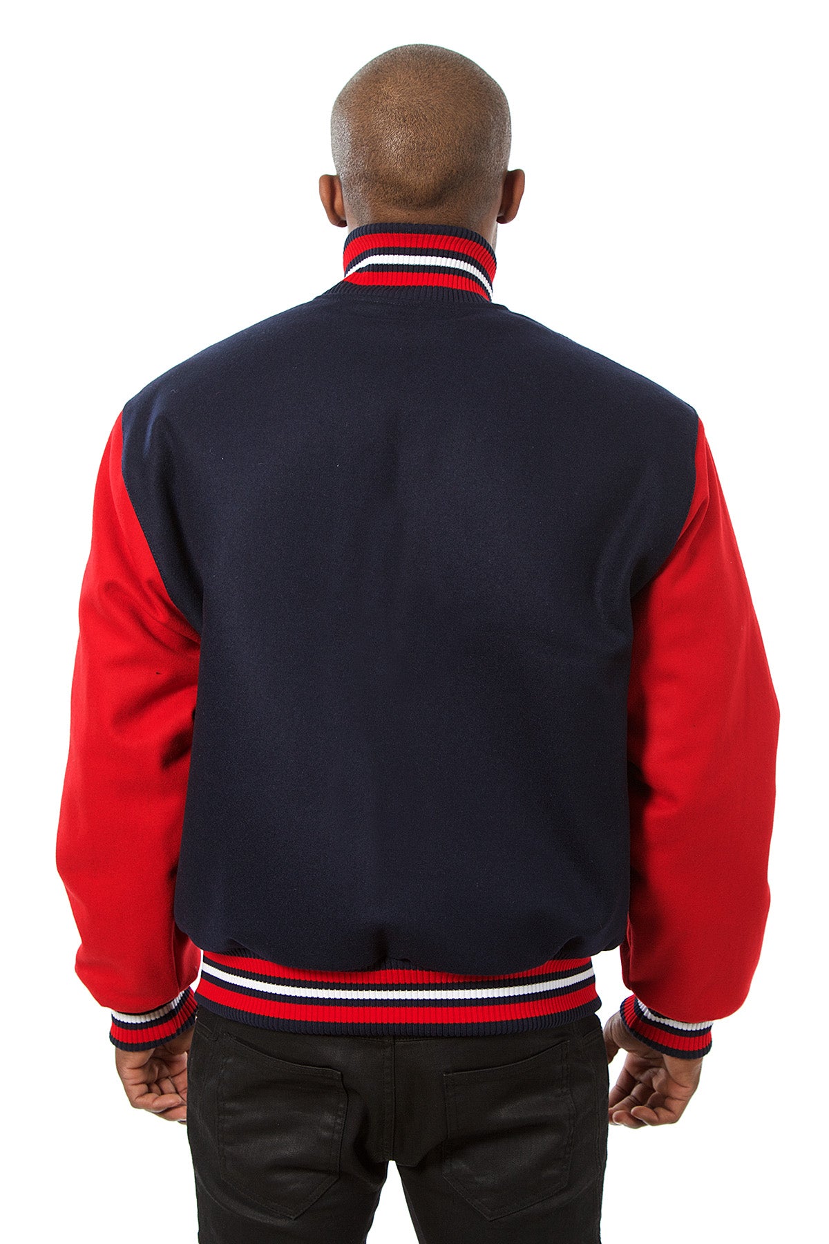All-Wool Varsity Jacket in Navy and Red