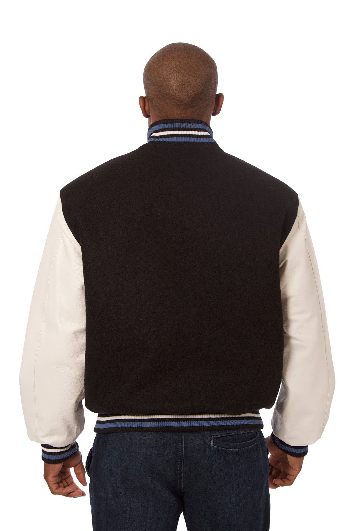 Wool and Leather Varsity Jacket in Black and White