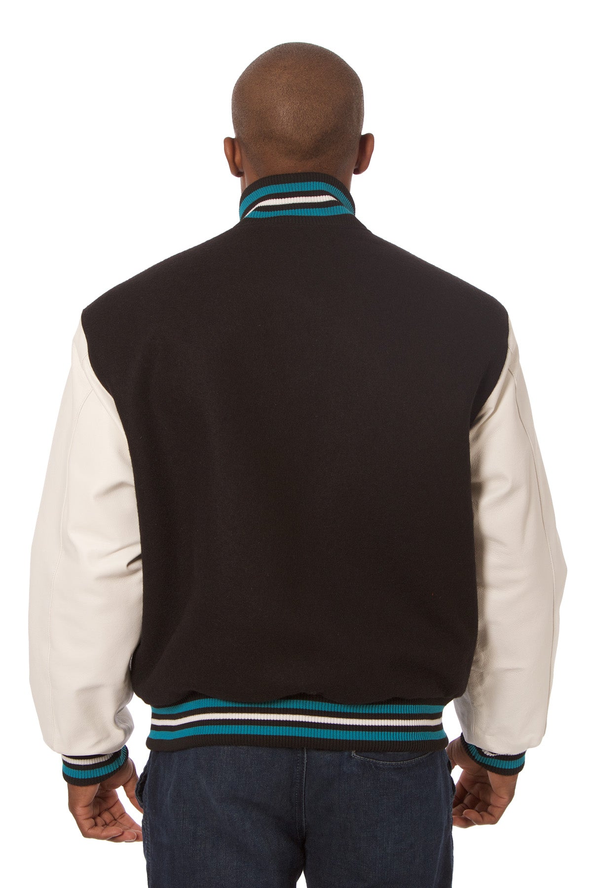Wool and Leather Varsity Jacket in Black and White