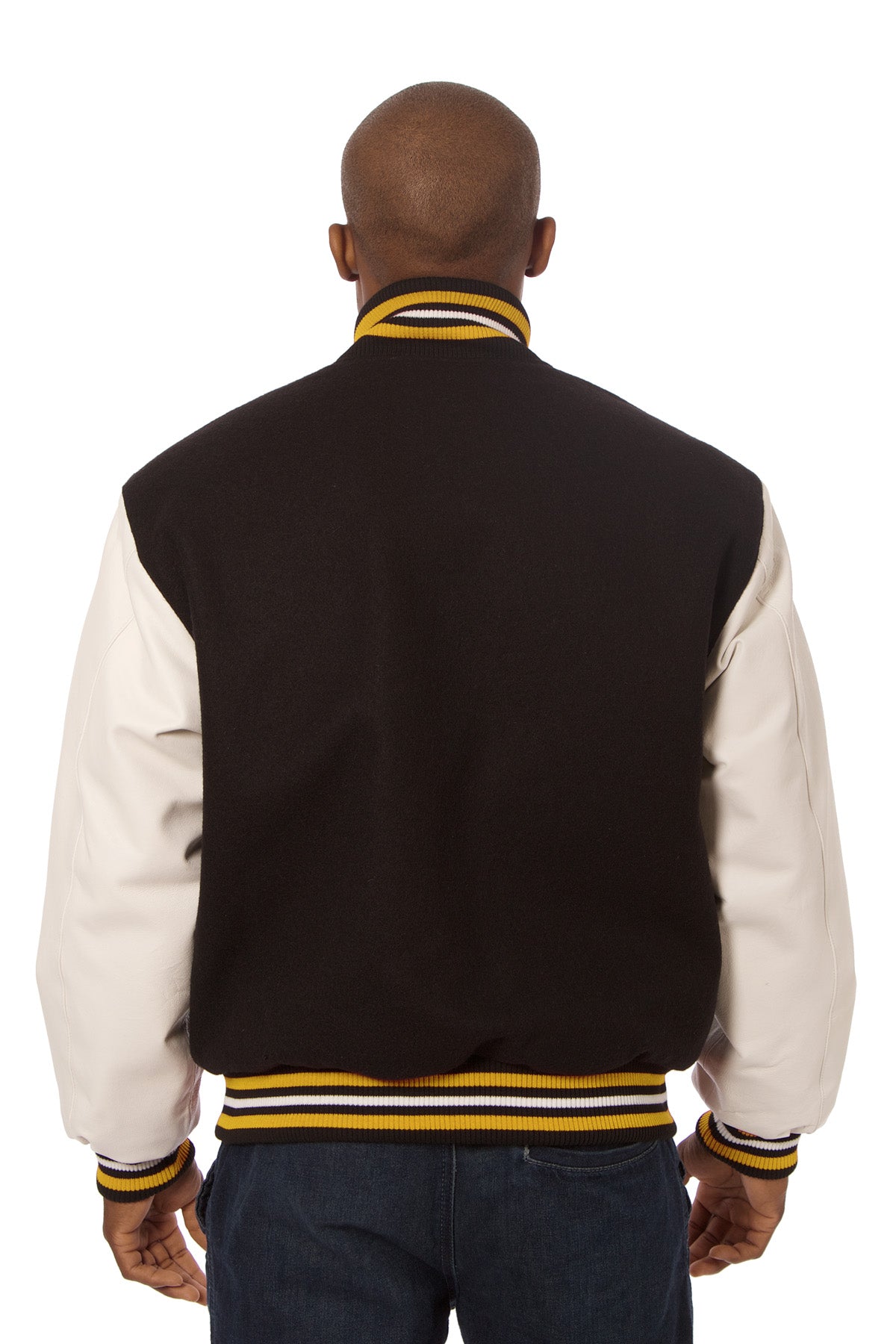 Wool and Leather Varsity Jacket in Black and White