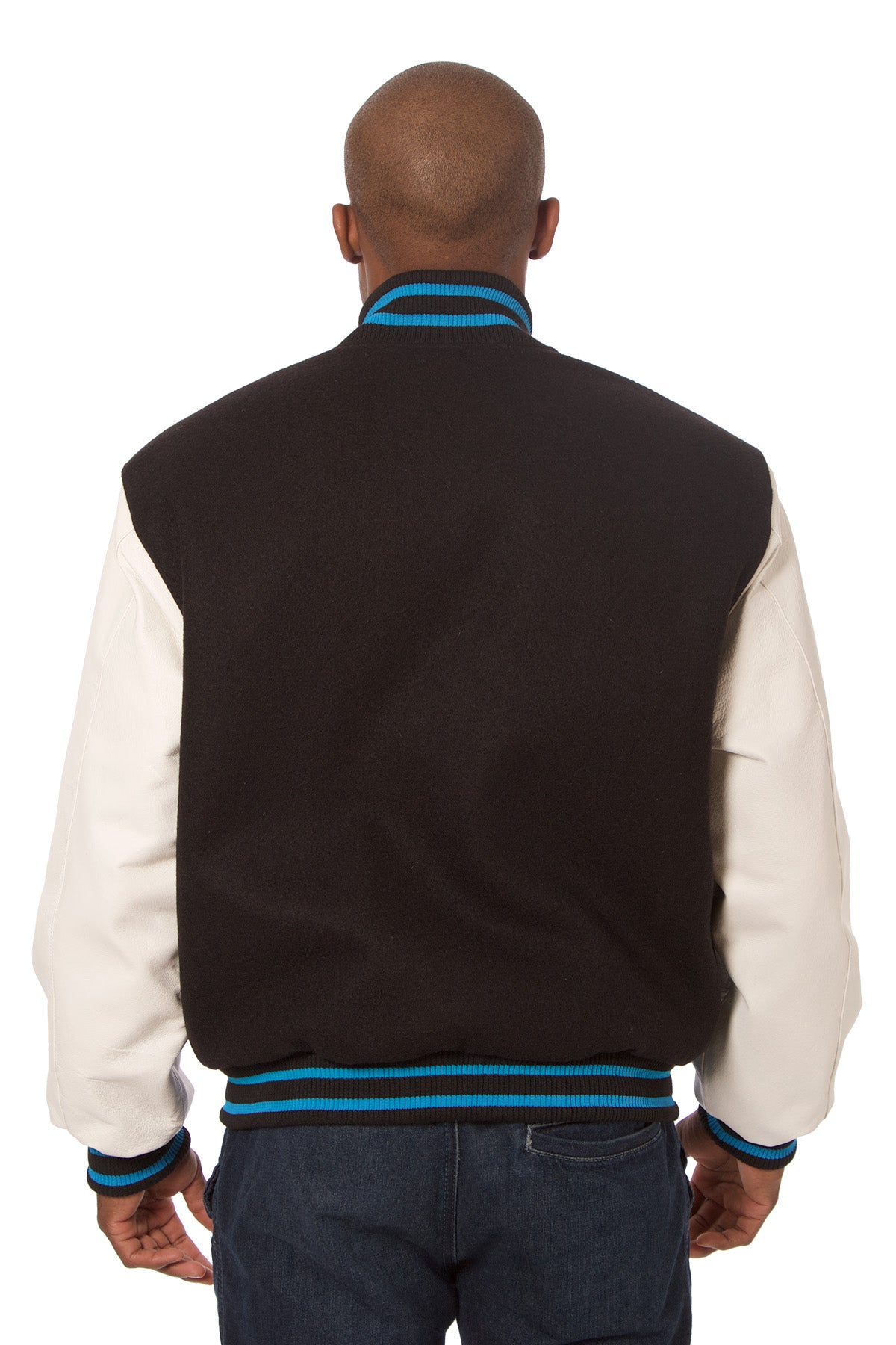 Wool and Leather Varsity Jacket in Black and White