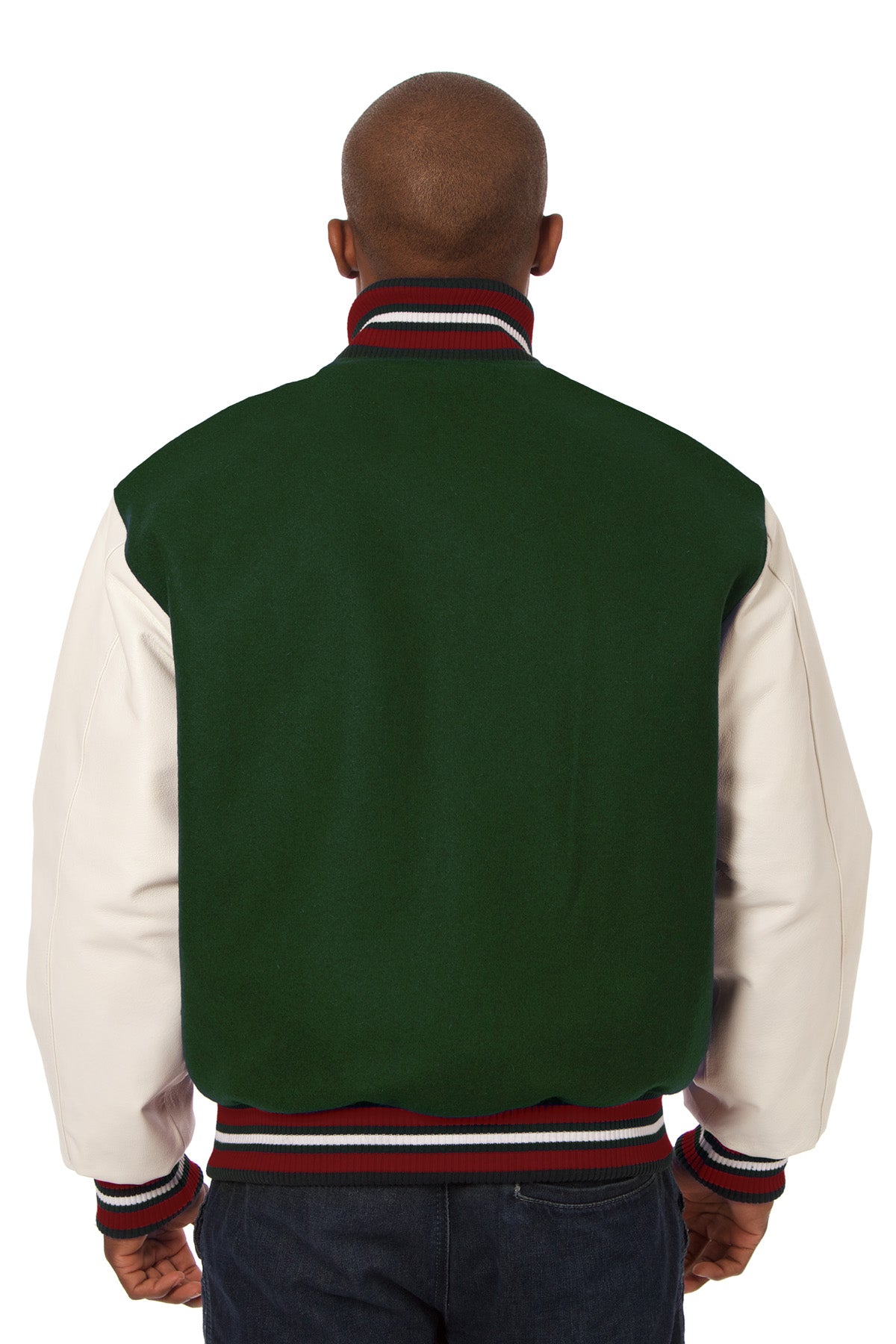 Wool and Leather Varsity Jacket in Green and Cream