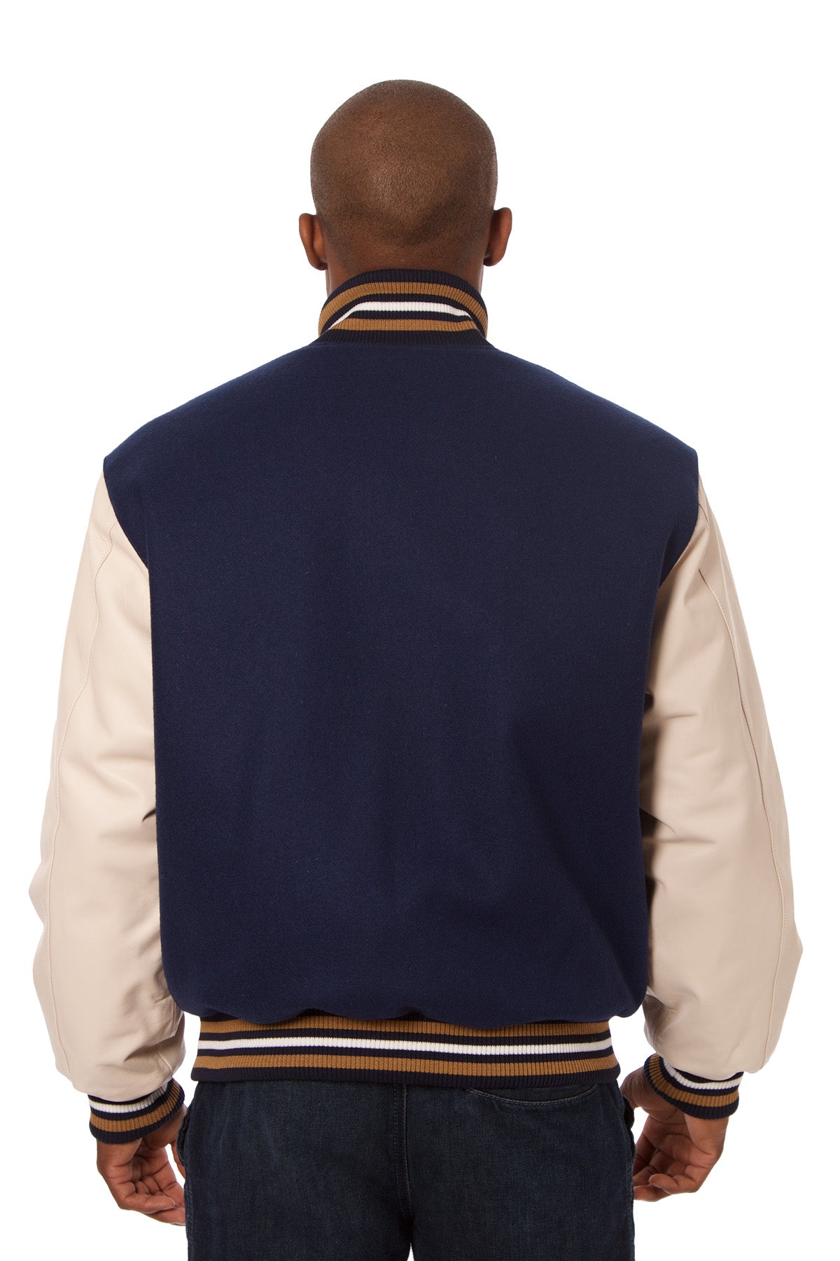 Wool and Leather Varsity Jacket in Navy and Cream