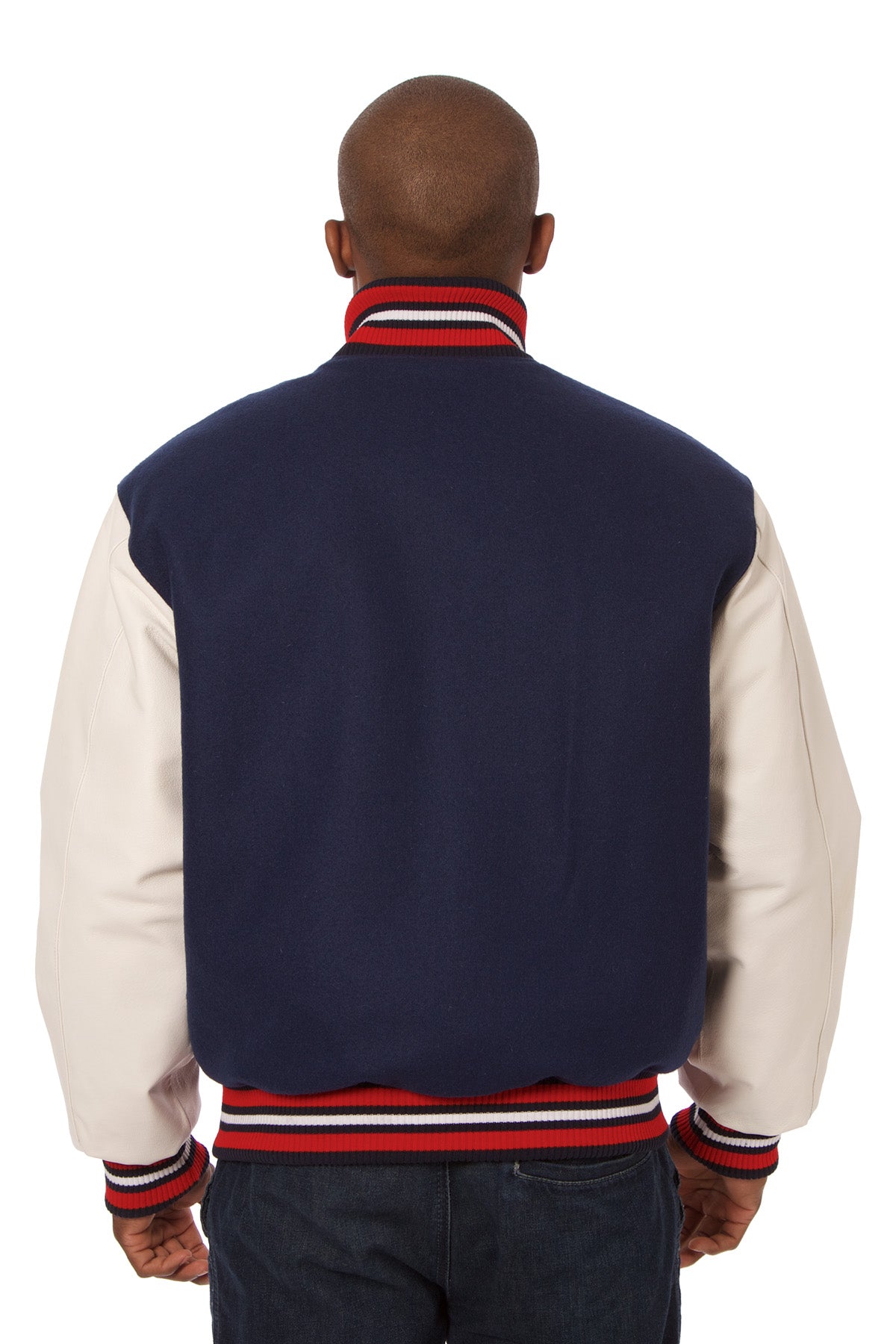 Wool and Leather Varsity Jacket in Navy and White
