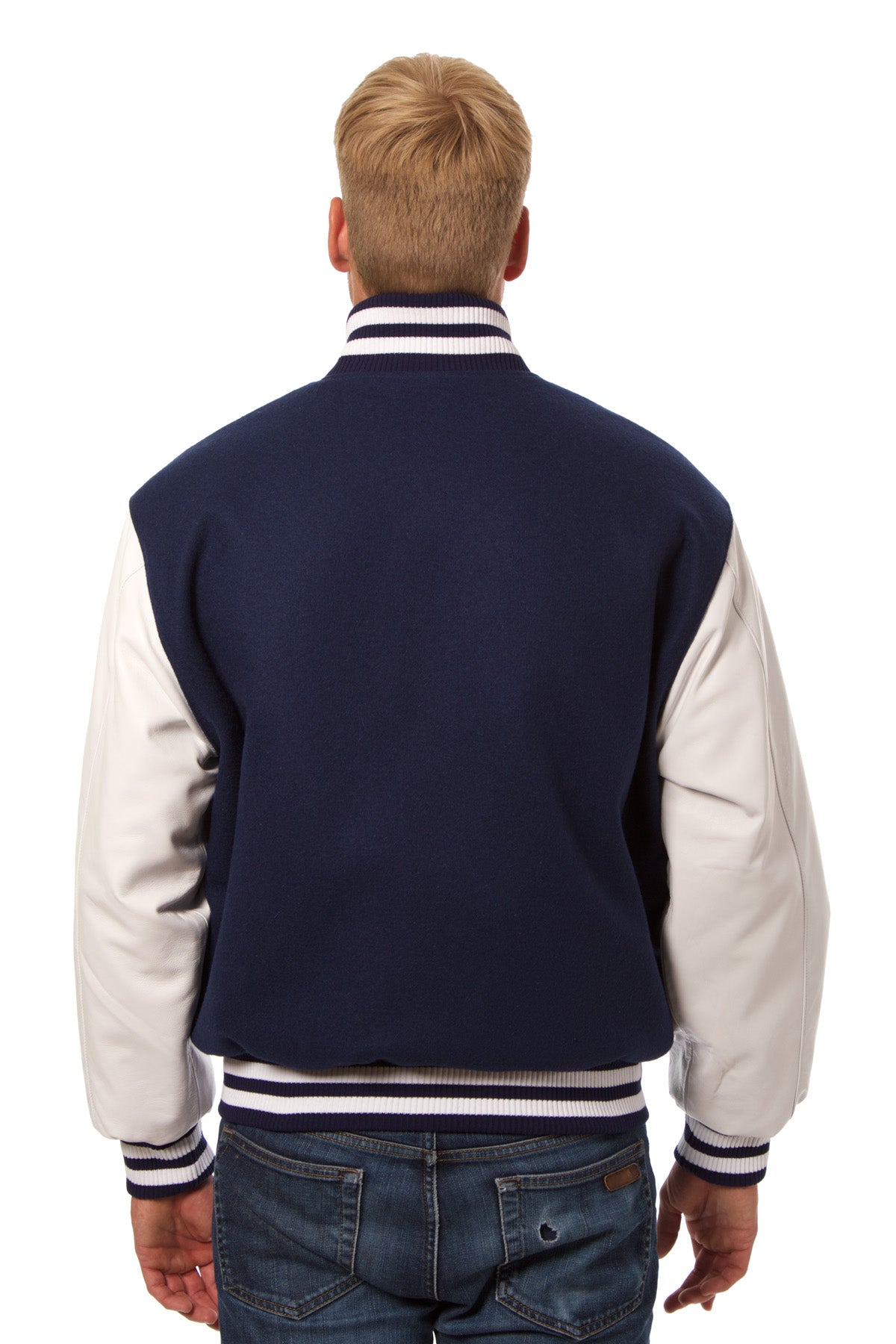 Wool and Leather Varsity Jacket in Navy and White