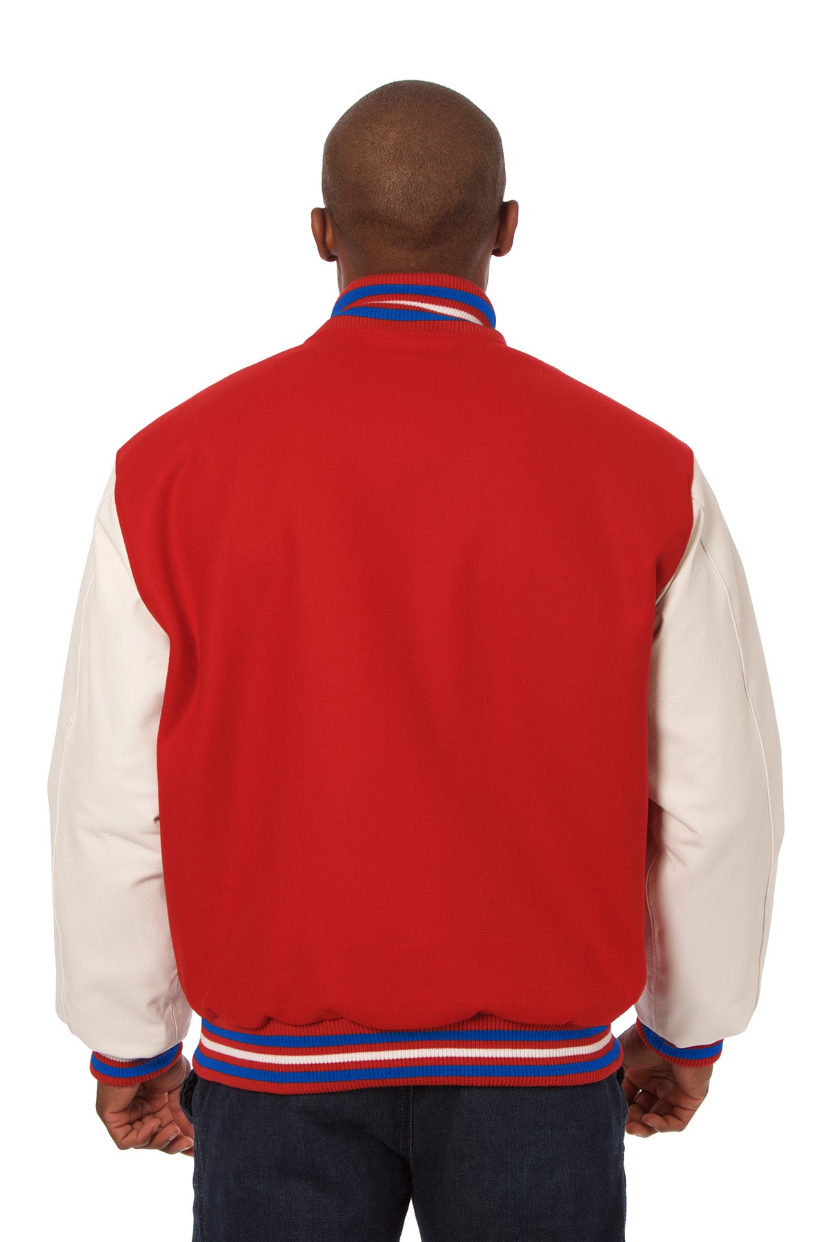 Wool and Leather Varsity Jacket in Red and White