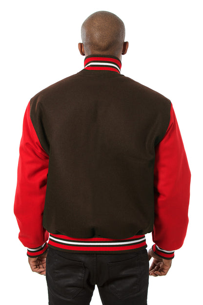 All-Wool Varsity Jacket in Brown and Red