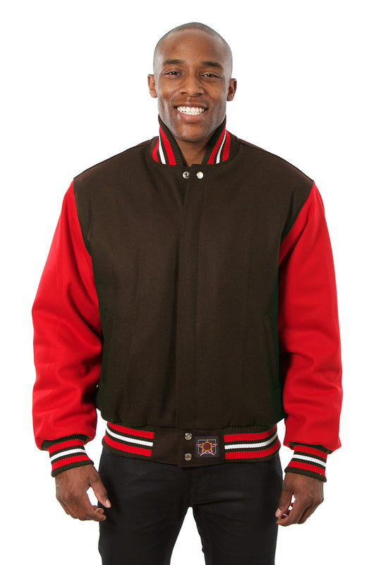 All-Wool Varsity Jacket in Brown and Red
