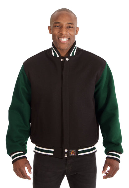 All-Wool Varsity Jacket in Black and Green