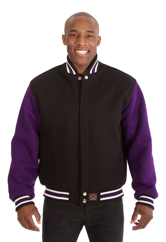 All-Wool Varsity Jacket in Black and Purple