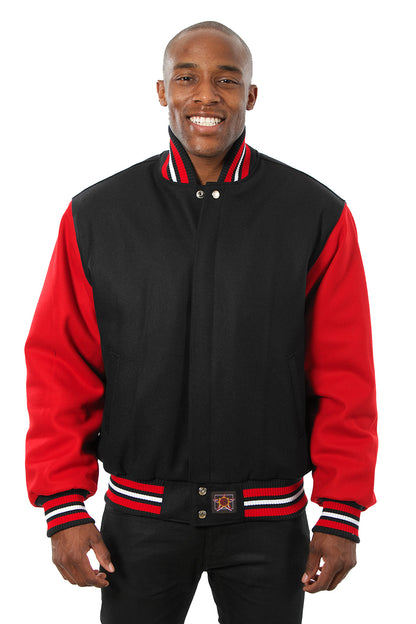 All-Wool Varsity Jacket in Black and Red