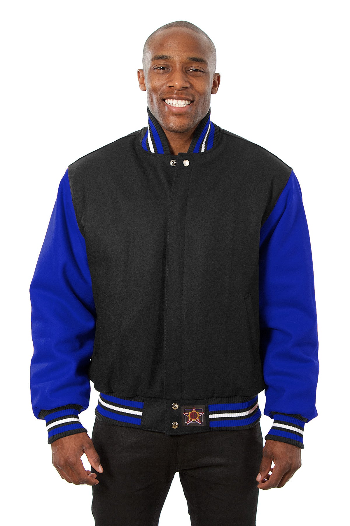 All-Wool Varsity Jacket in Black and Royal