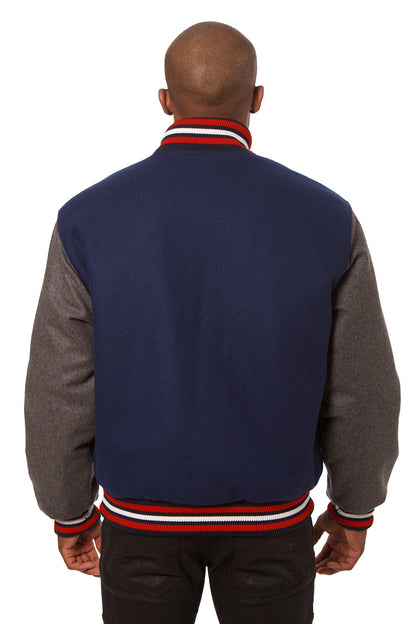 All-Wool Varsity Jacket in Navy Blue and Gray