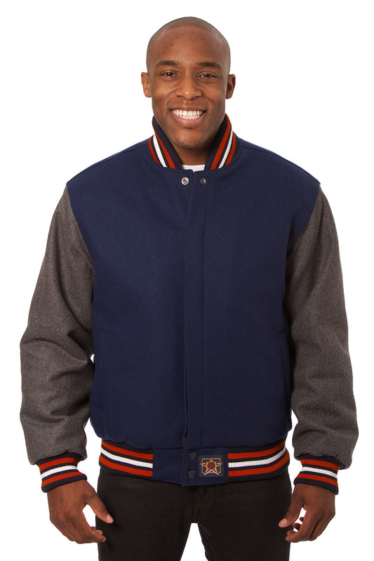 All-Wool Varsity Jacket in Navy Blue and Gray