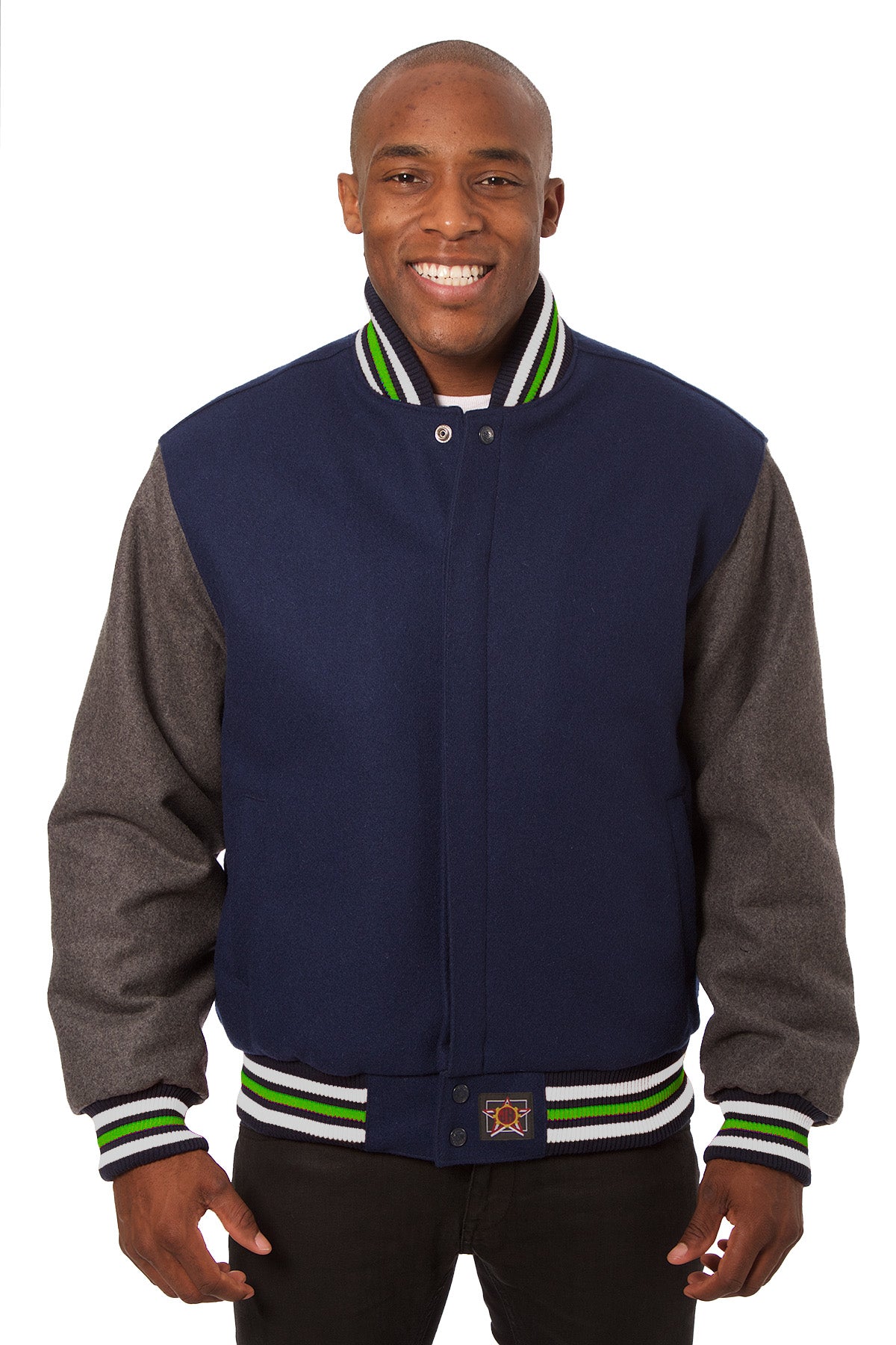 All-Wool Varsity Jacket with Navy Blue and Gray