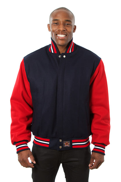 All-Wool Varsity Jacket in Navy and Red