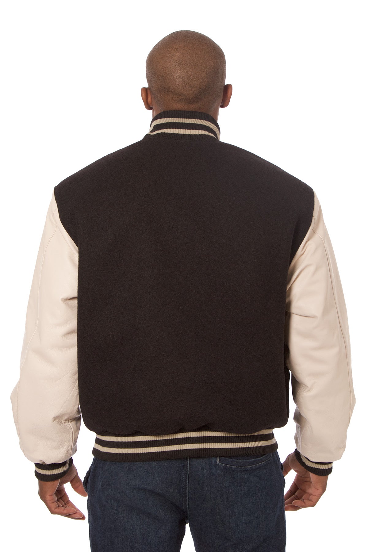 Wool and Leather Varsity Jacket in Black and Cream