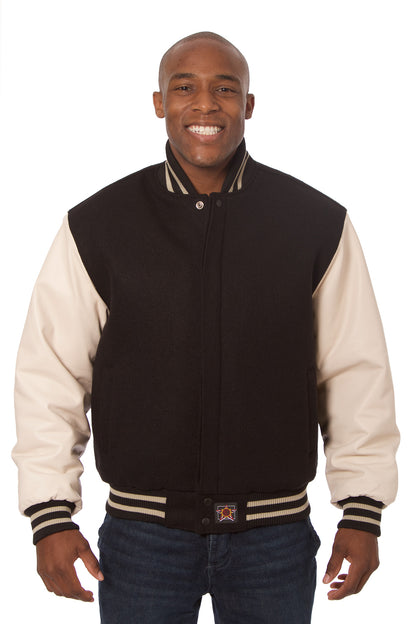 Wool and Leather Varsity Jacket in Black and Cream