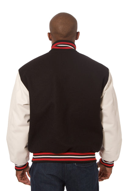 Wool and Leather Varsity Jacket in Black and Cream