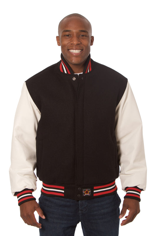 Wool and Leather Varsity Jacket in Black and Cream