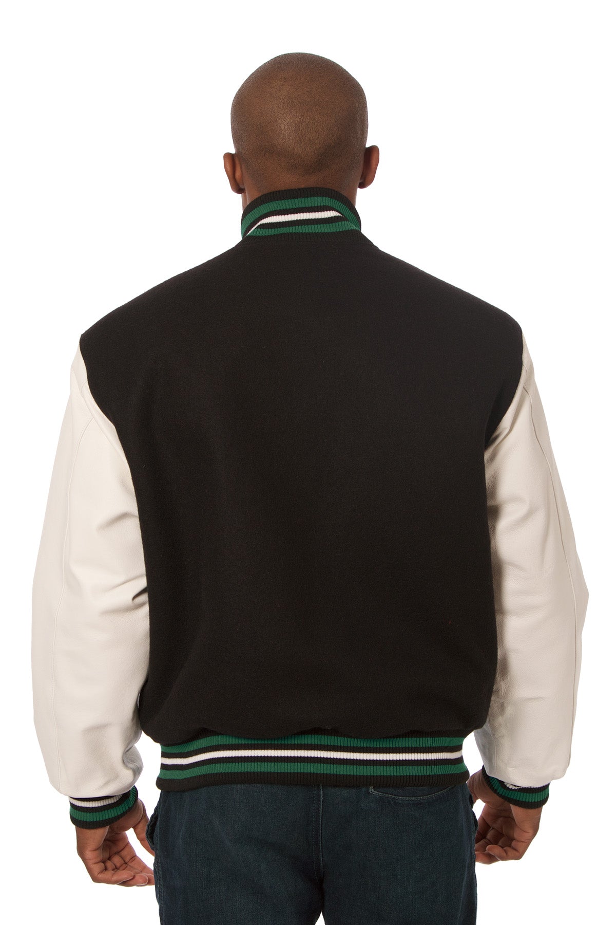 Wool and Leather Varsity Jacket in Black and White