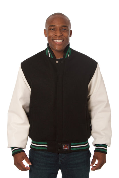 Wool and Leather Varsity Jacket in Black and White