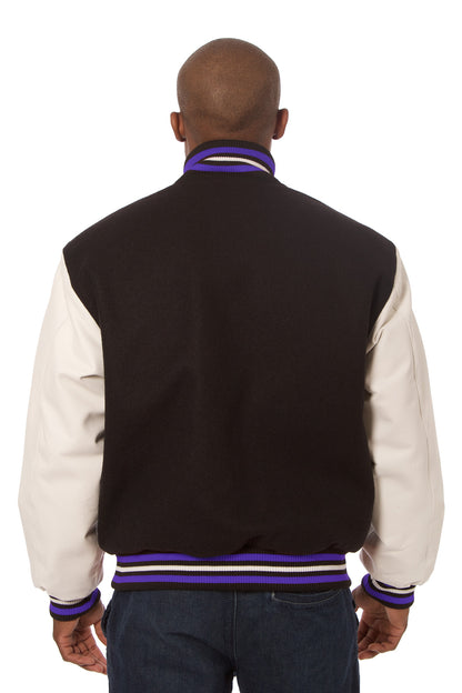 Wool and Leather Varsity Jacket in Black and White