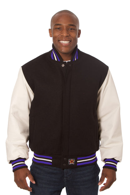 Wool and Leather Varsity Jacket in Black and White