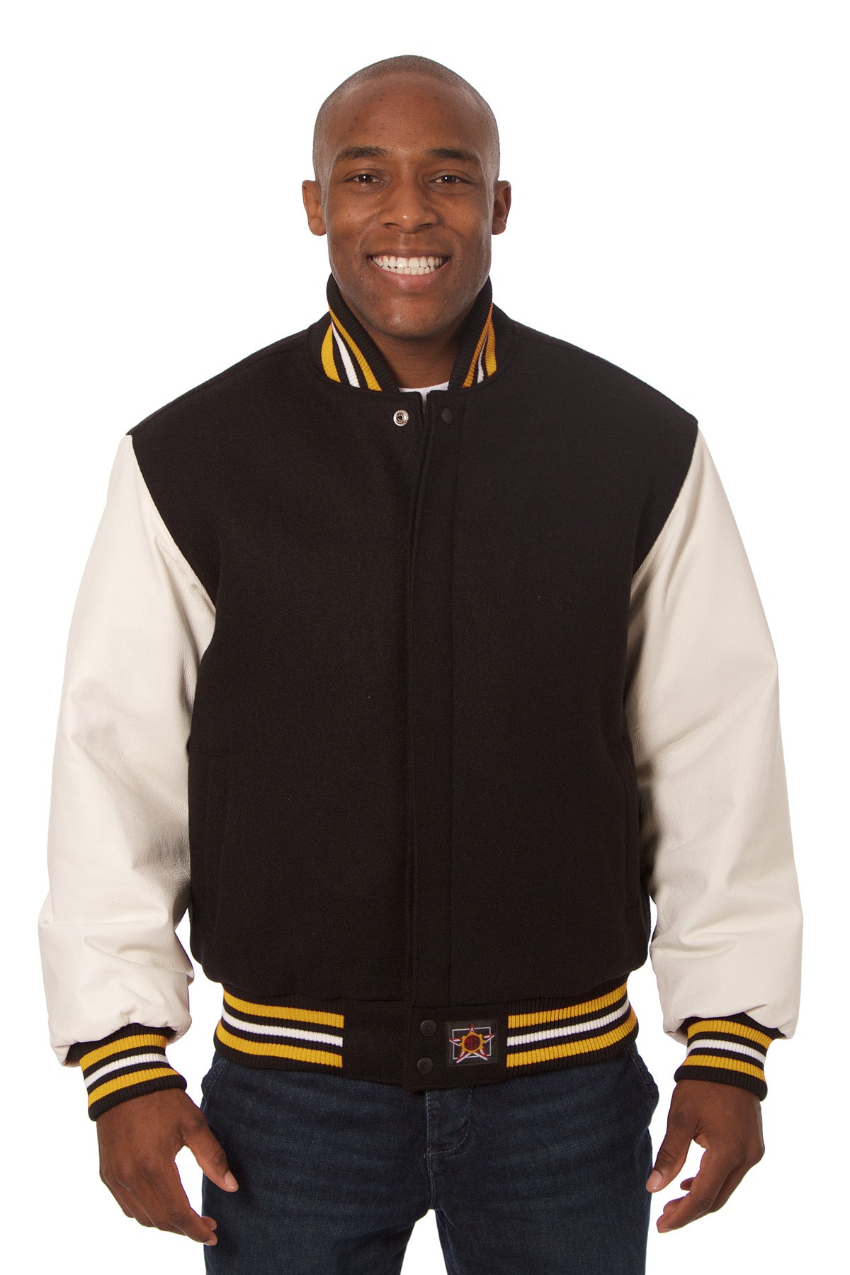 Wool and Leather Varsity Jacket in Black and White