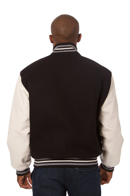 Wool and Leather Varsity Jacket in Black and White