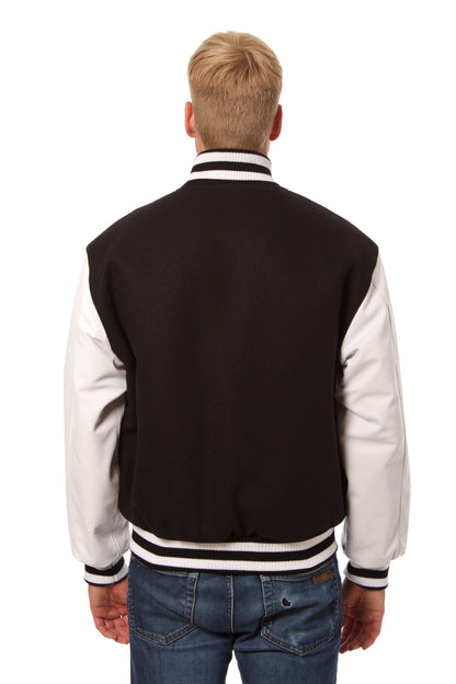 Wool and Leather Varsity Jacket in Black and White