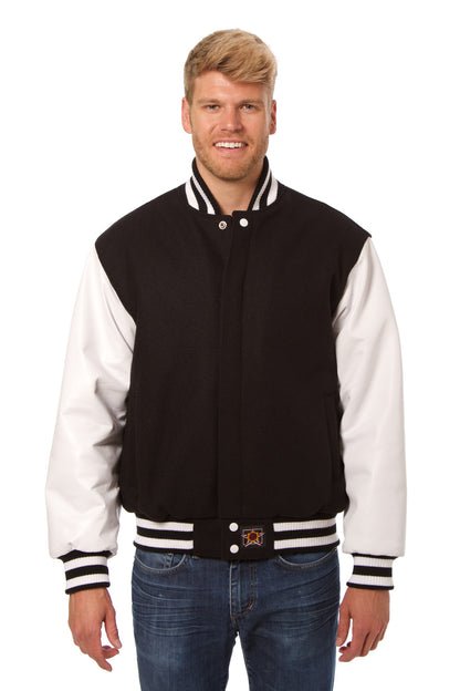 Wool and Leather Varsity Jacket in Black and White