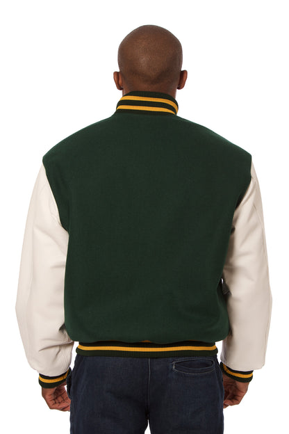 Wool and Leather Varsity Jacket in Green and Cream