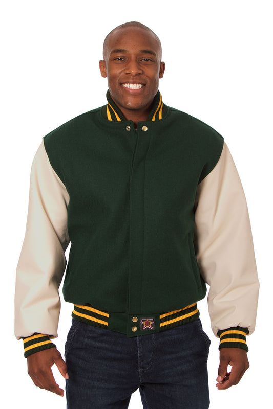 Wool and Leather Varsity Jacket in Green and Cream