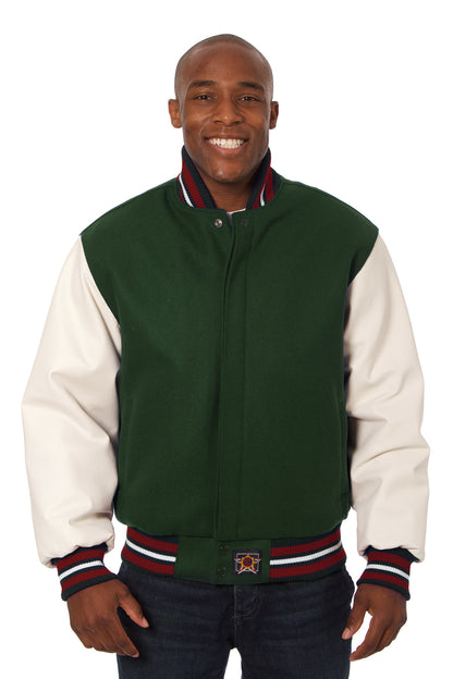 Wool and Leather Varsity Jacket in Green and Cream