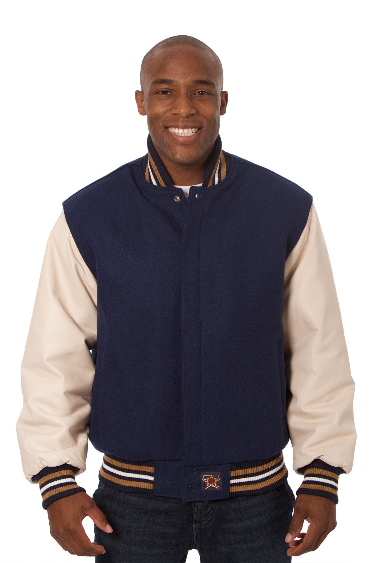Wool and Leather Varsity Jacket in Navy and Cream