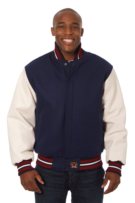 Wool and Leather Varsity Jacket in Navy and White