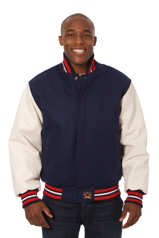 Wool and Leather Varsity Jacket in Navy and White