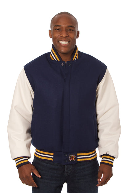 Wool and Leather Varsity Jacket in Navy and White
