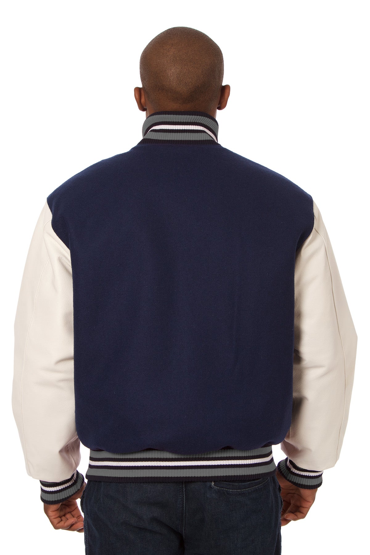 Wool and Leather Varsity Jacket in Navy and White