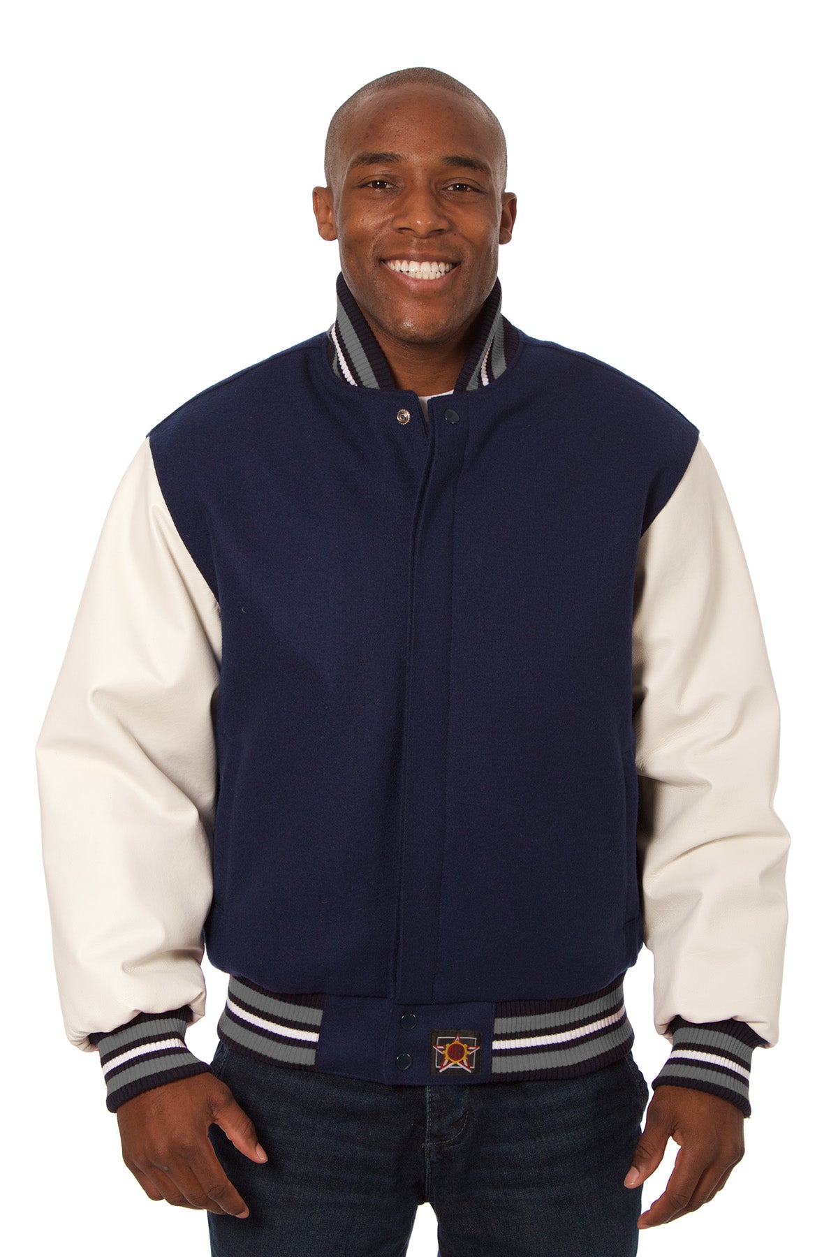 Wool and Leather Varsity Jacket in Navy and White