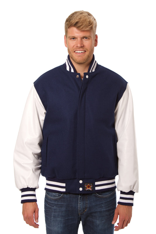 Wool and Leather Varsity Jacket in Navy and White