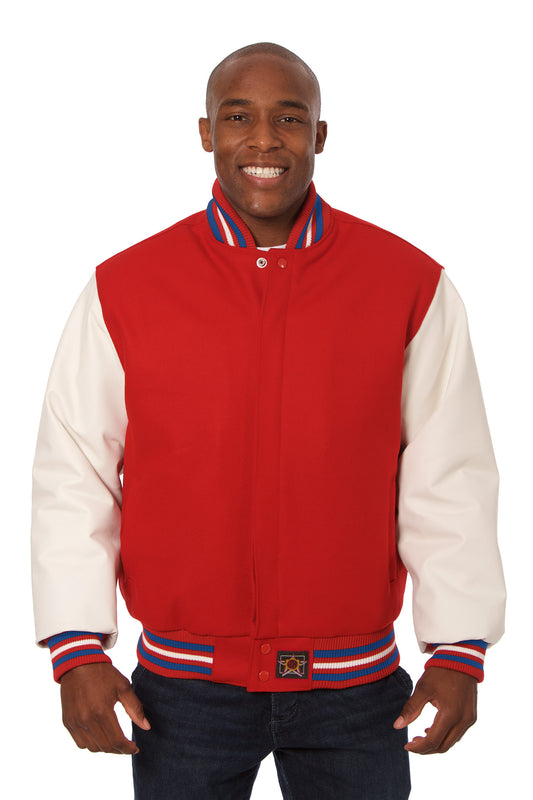 Wool and Leather Varsity Jacket in Red and White