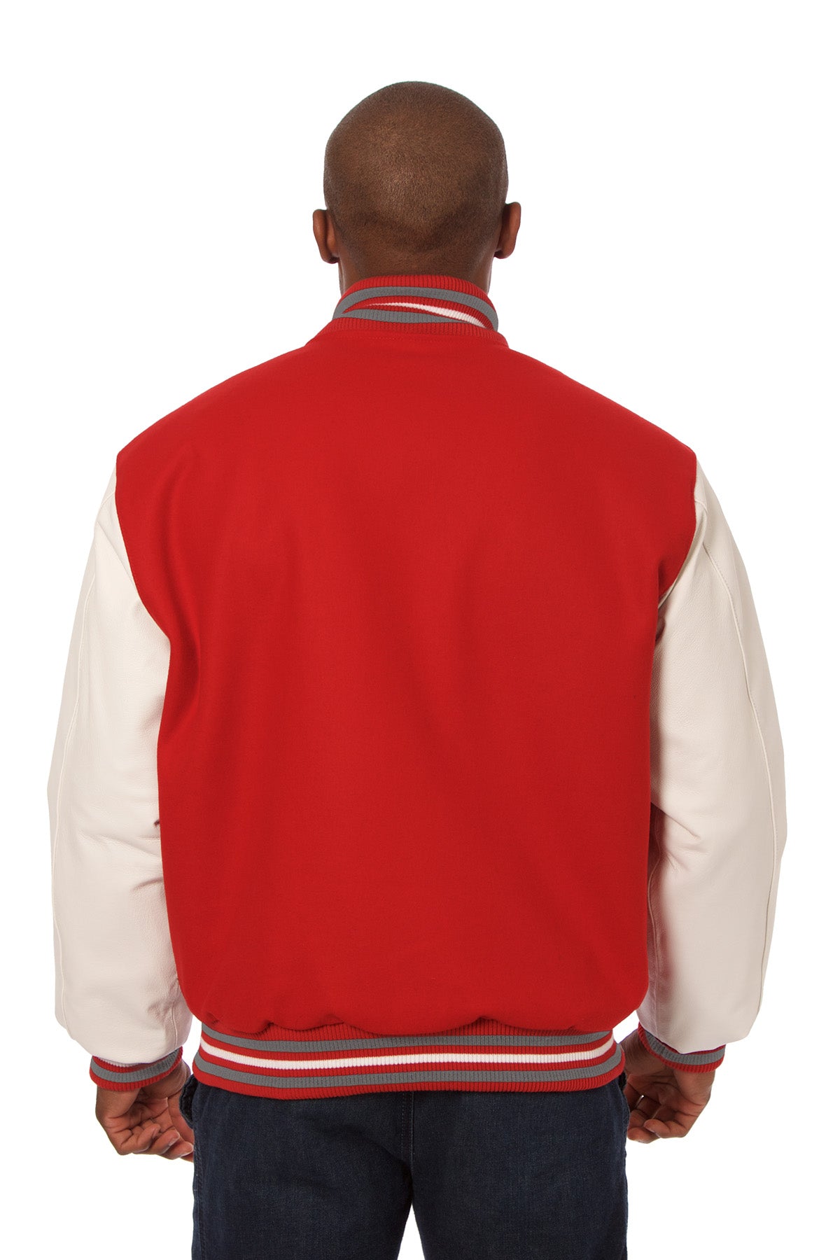 Wool and Leather Varsity Jacket in Red and White