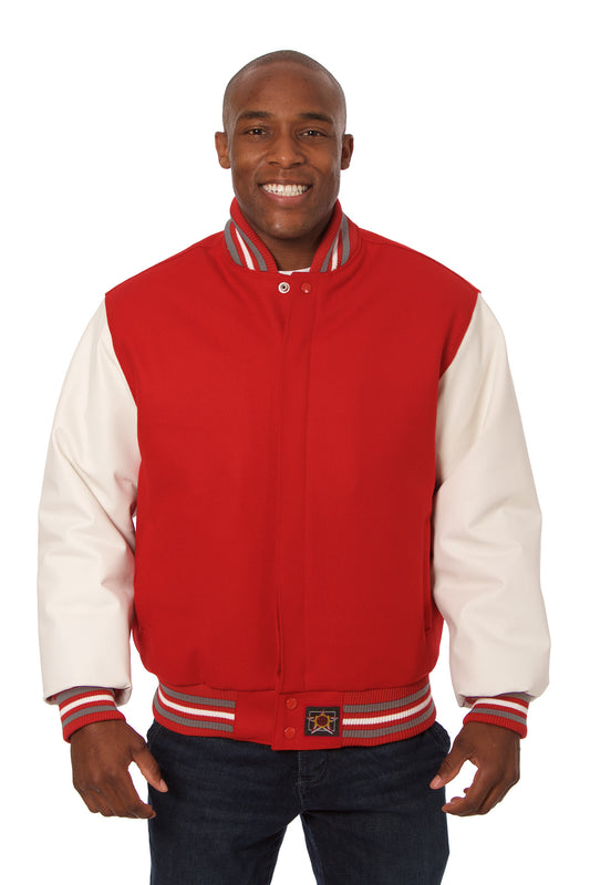 Wool and Leather Varsity Jacket in Red and White