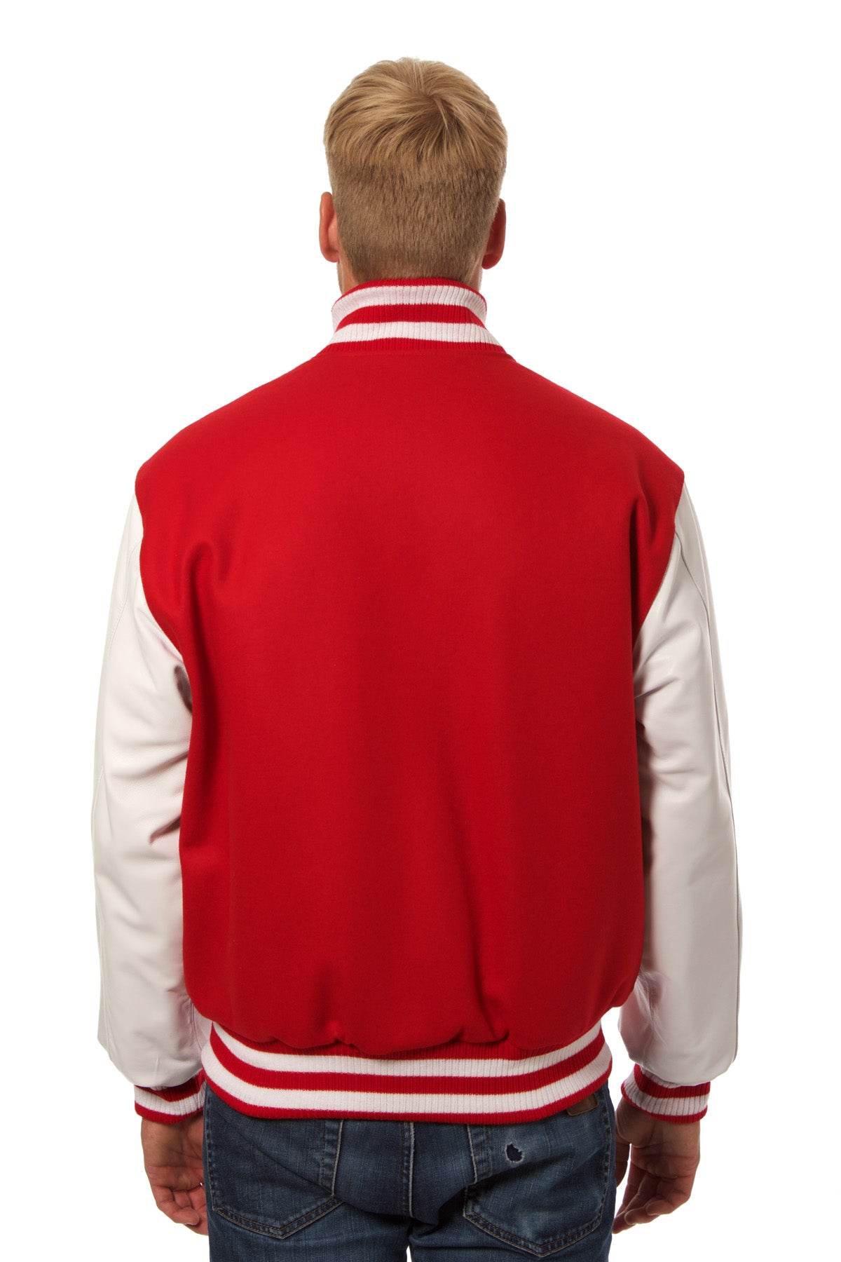 Wool and Leather Varsity Jacket in Red and White