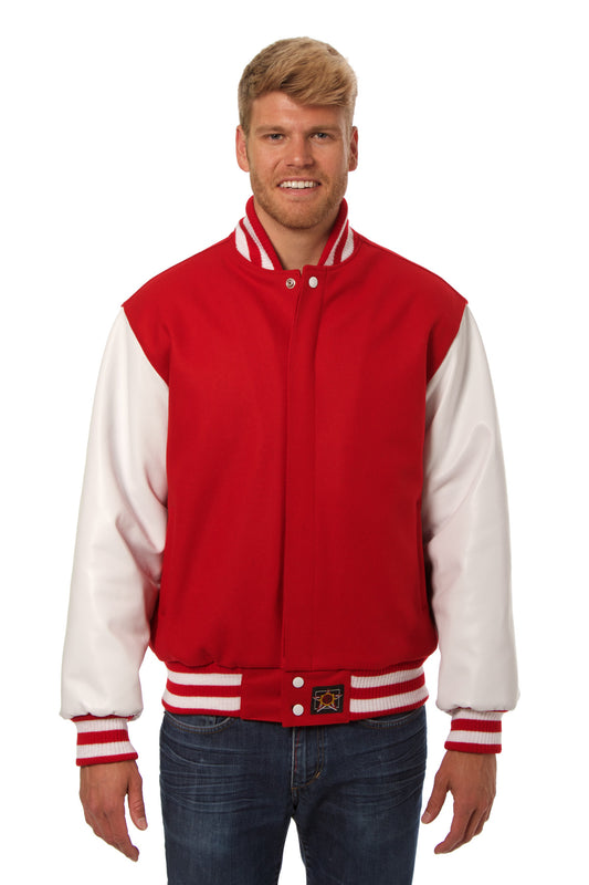 Wool and Leather Varsity Jacket in Red and White