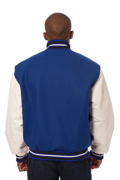 Wool and Leather Varsity Jacket in Royal and White