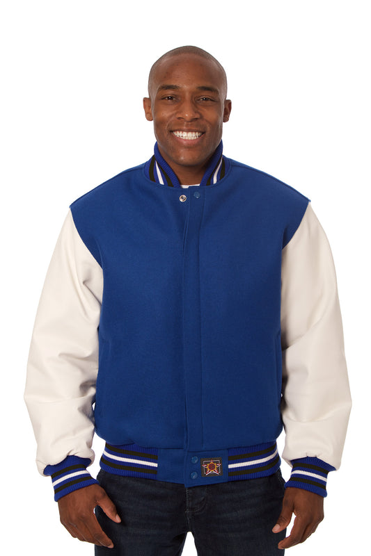 Wool and Leather Varsity Jacket in Royal and White